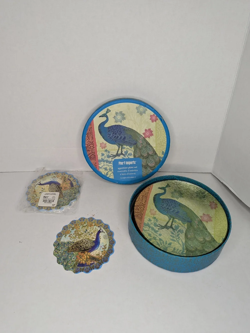 Pier 1 Peacock 4 Foil Glass App Plates Set And 15 Pc Die Cut Coasters Set Bundle
